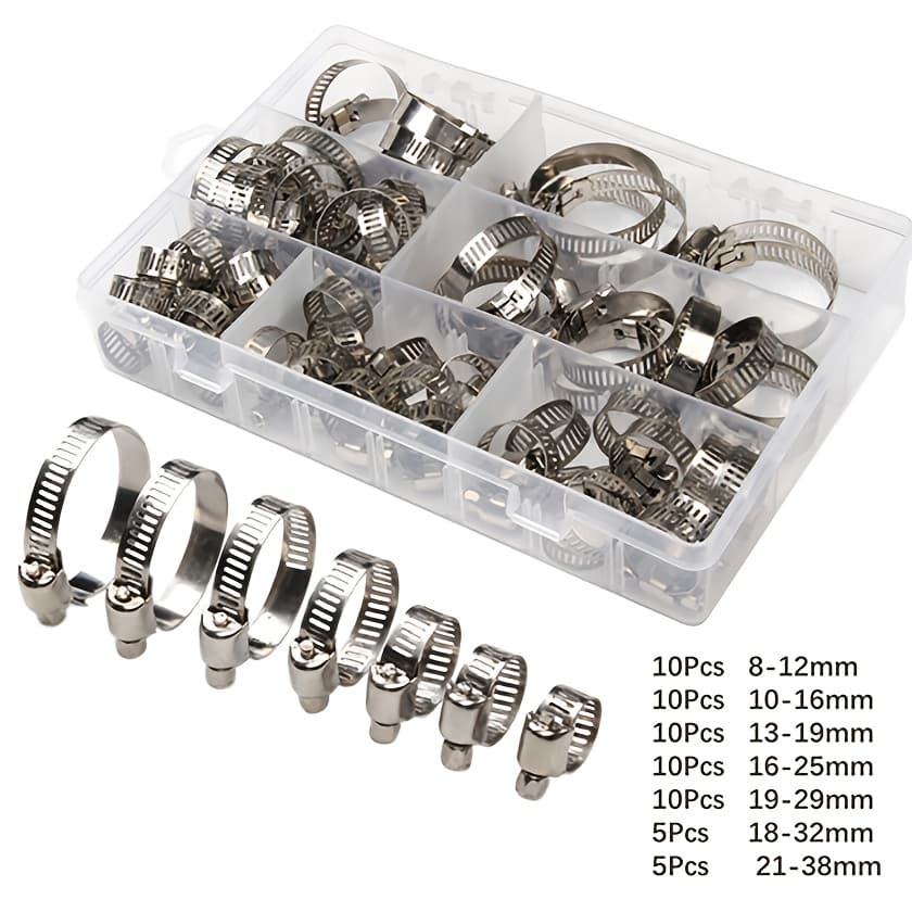 TEMU 60pcs Stainless Steel Hose Clamp Set, Adjustable Worm Gear Pipe Clamps, 8-38mm Range, With Storage Box For Plumbing, Automotive & Irrigation Application