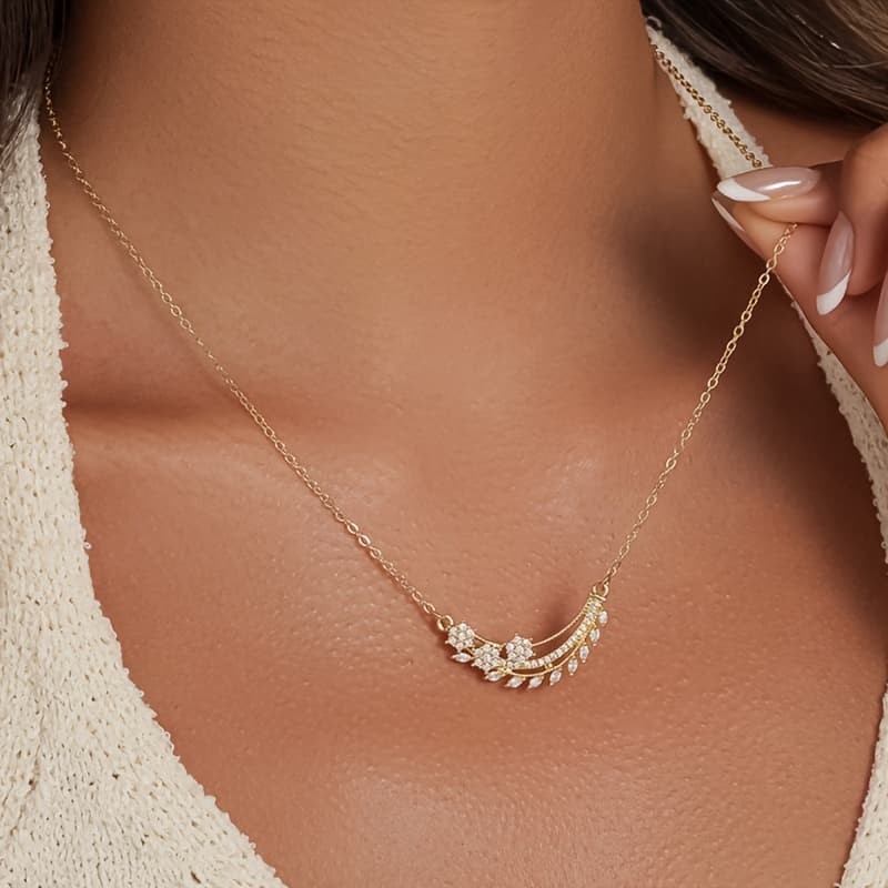 TEMU 1pc Elegant Luxury Geometric Fan-shaped Copper Pendant Necklace, Inlaid With Shiny Synthetic Zirconia, Suitable For Women' Banquets And Vacation Wear