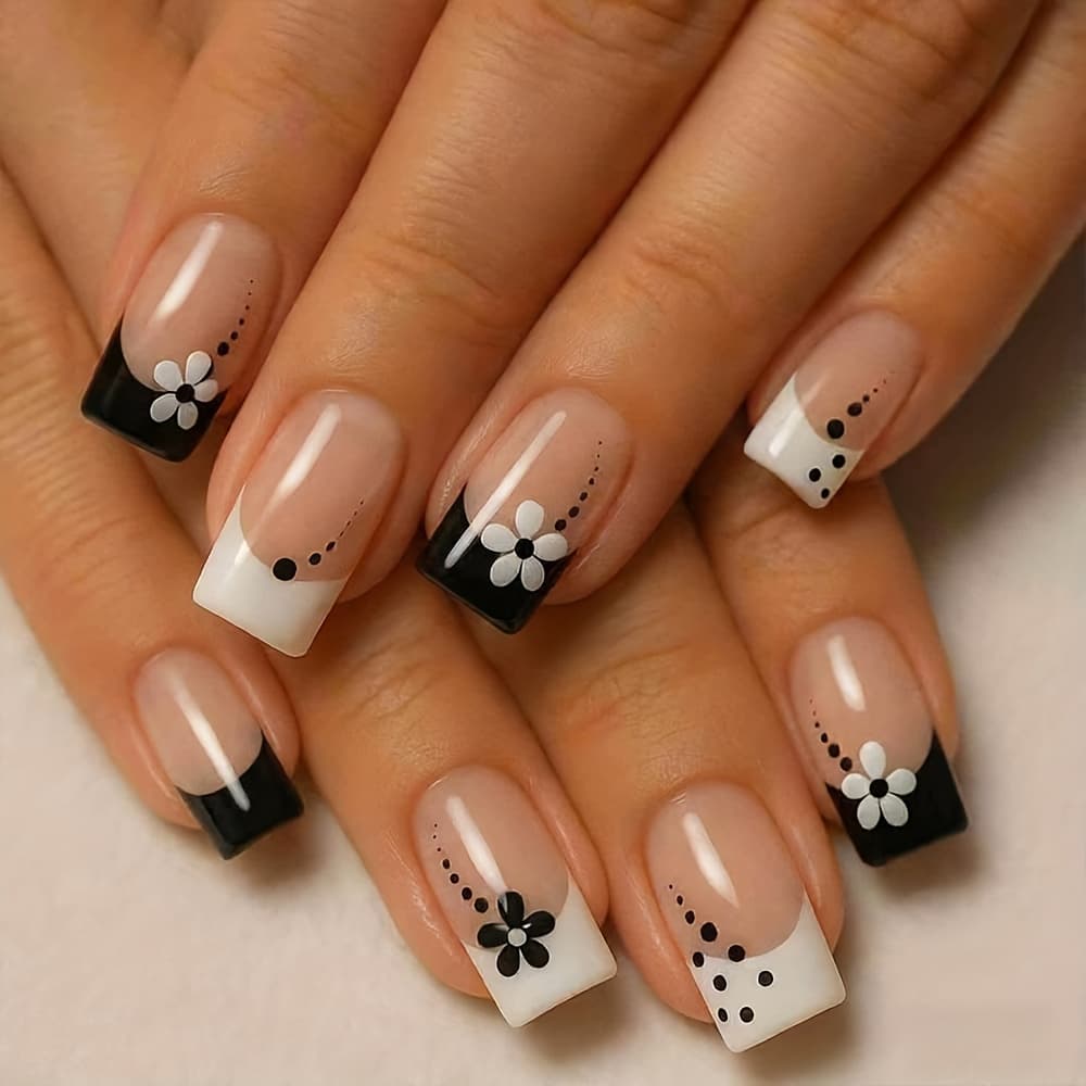 TEMU Style, 24pcs Of Medium Square Fake Nails, Wave Dot And White Flower Wearing Nail Design, Bright-faced Detachable Fake Nails