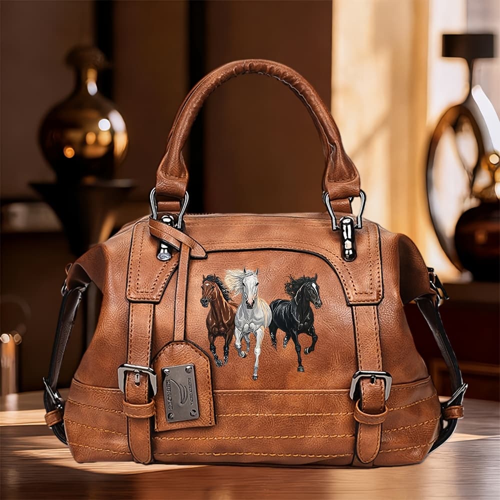 TEMU Women' Horse Print Satchel Bag - Large Capacity Crossbody Purse With Running Horses, Suitable For Daily , Work & Travel, Machine Washable Equestrian Gift For , Zipper Closure Handbag