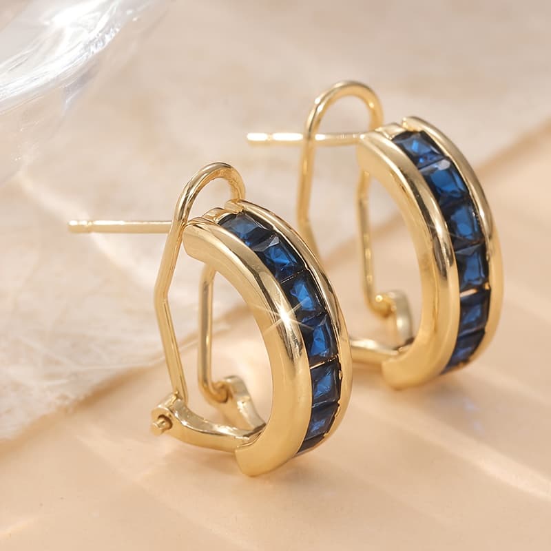 TEMU Fashionable And Luxurious Golden Color Hoop Huggie Earrings, With Blue Synthetic , Women's Ear Studies Earrings, Copper Products, Suitable For High-end Party Occasions, Jewelry Accessories, Gifts
