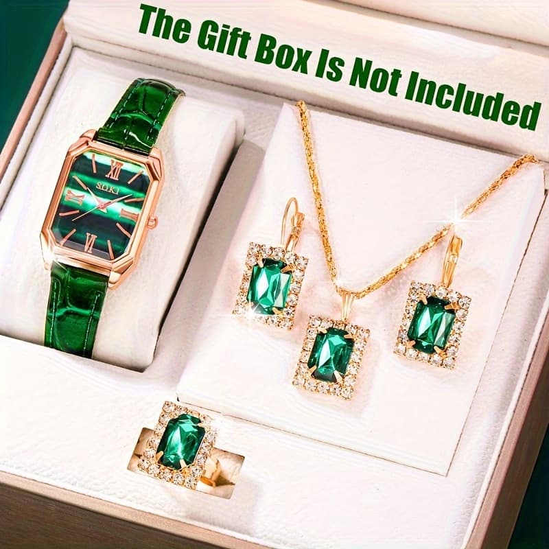 TEMU Elegant Women's Wrist Watch Set With Embellishments, Rectangular Display, Pu Leather Band, Stainless , Quartz Movement - Includes Matching Necklace, Earrings & Ring