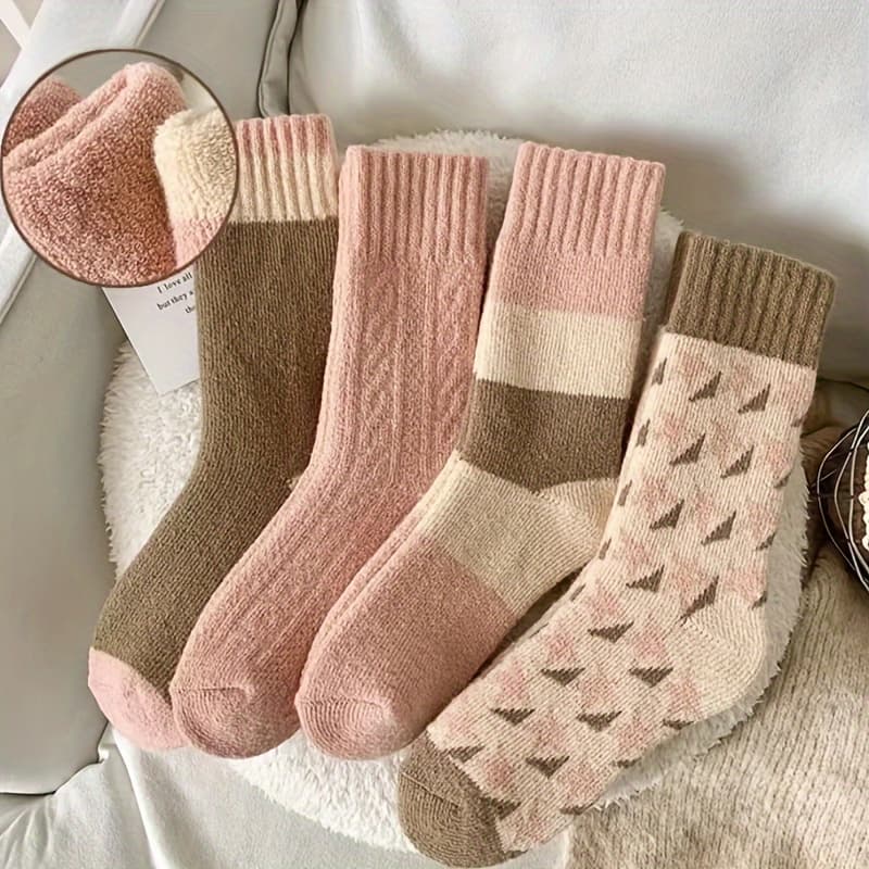 TEMU 4 Pairs Of Thick Socks, Warm And Comfortable Mid-calf Terry Cloth Pink Cute Towel Socks For Women - Autumn/winter Season