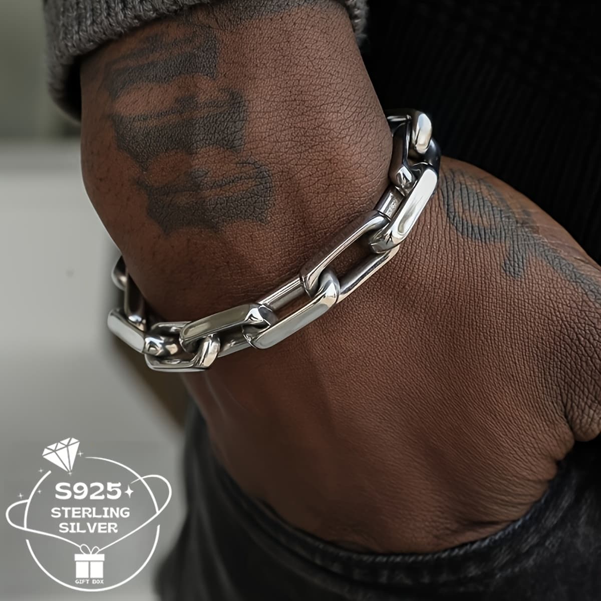 TEMU 1pc Of 925 Sterling Silver Bracelet, Punk Hip-hop Style Rectangular Interlocking Thick And Durable, Suitable For Men And Women's Parties, Festivals, And Daily Wear