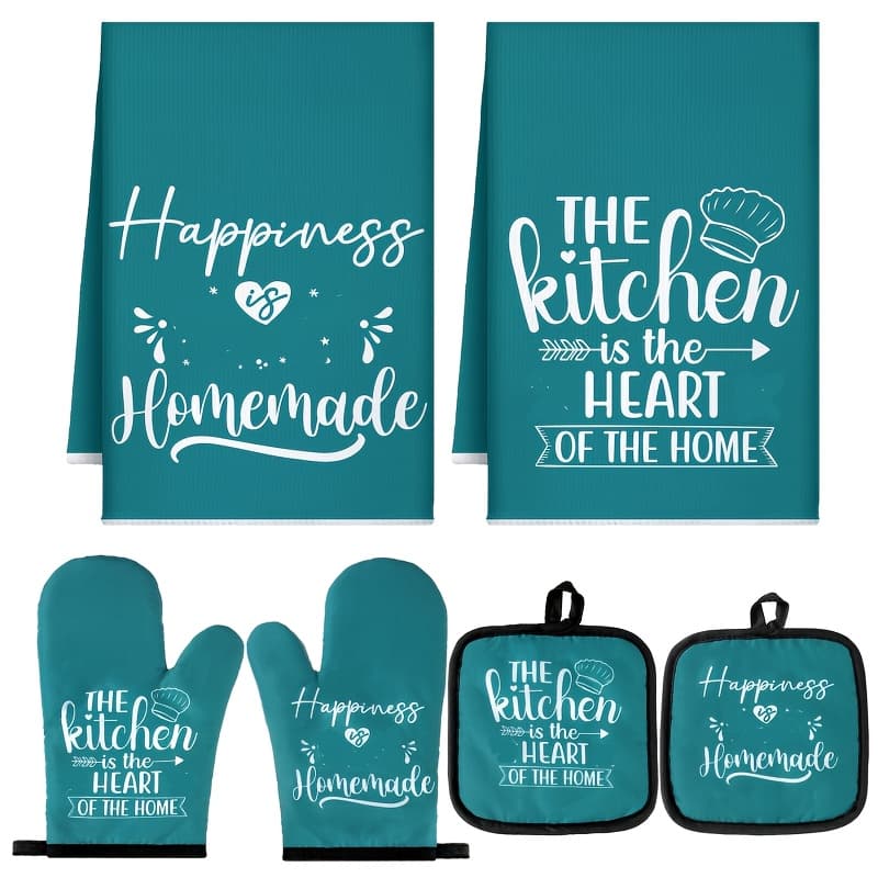 TEMU 6pcs Kitchen Decor Additions Set Farmhouse Towels Oven Mitts Set 2 Dish Towels 2 2 Cooking Mittens Oven Glove For Baking Cooking Supply (teal, Kitchen)