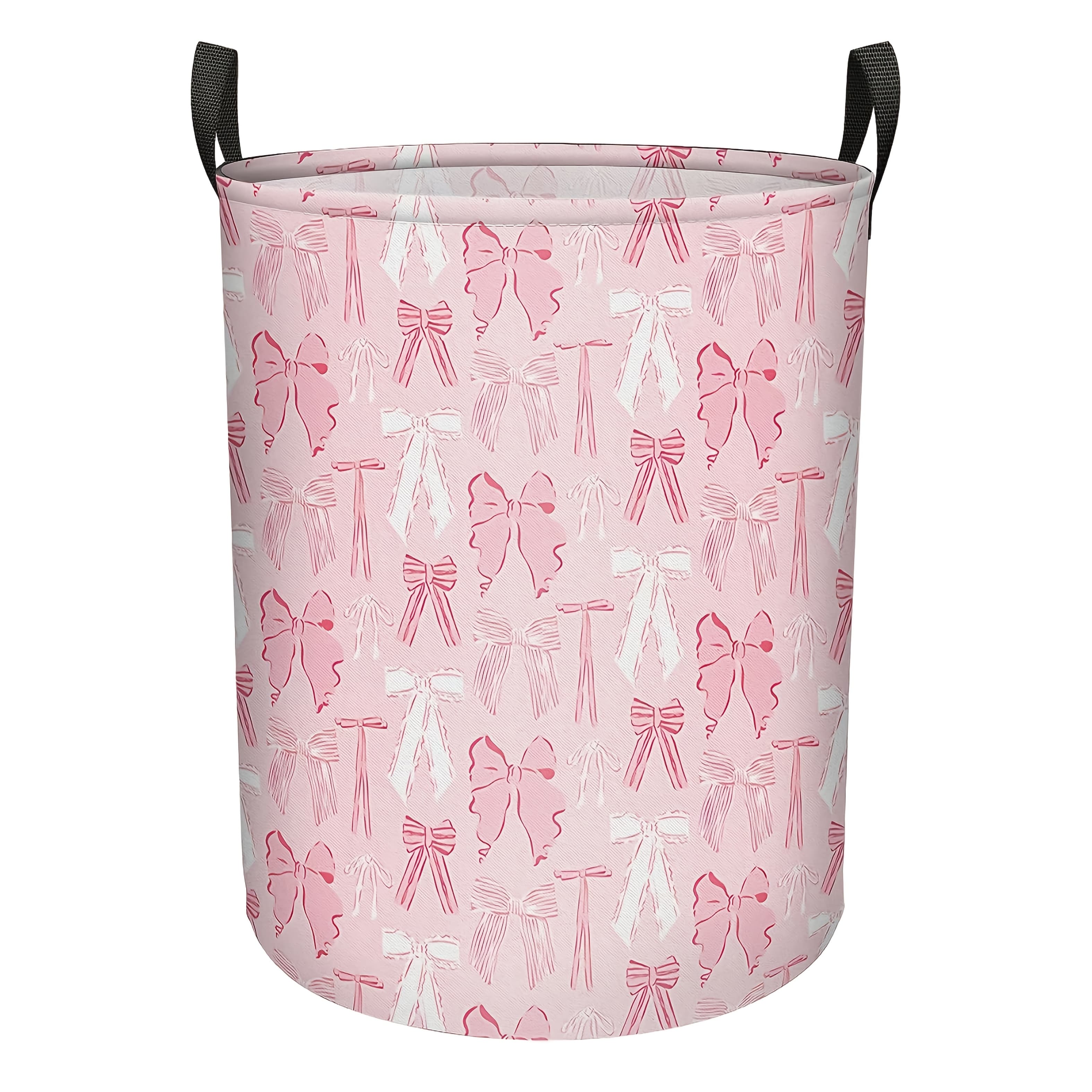 TEMU 1pc, , Pink Bow Laundry Basket Large Canvas Collapsible Organizer Storage Basket For Nursery, Office,organizer, Home Decor, Shelf Baskets