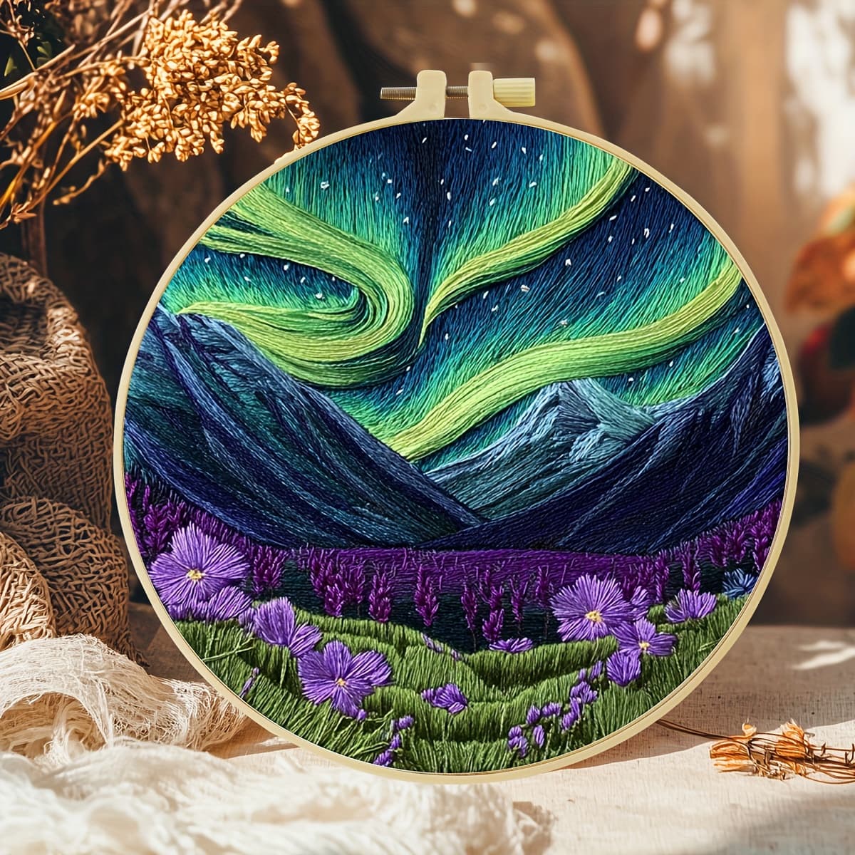 TEMU Jozysh 1pc Embroidery Set, 20x20cm/7.9x7.9 Inch, Aurora Pattern, Including Needles, Threads, Pre-printed Cloth, Hoop And . Beginners Friendly, Ideal Gift For , Easy- Learning Craft