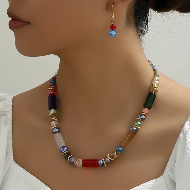 TEMU 1pc Necklace And 1 Pair Earrings, Vintage Style Bohemian Multicolor Geometric Mixed Bead Elegant Fashion Jewelry, Suitable For Daily Gifting And Vacation