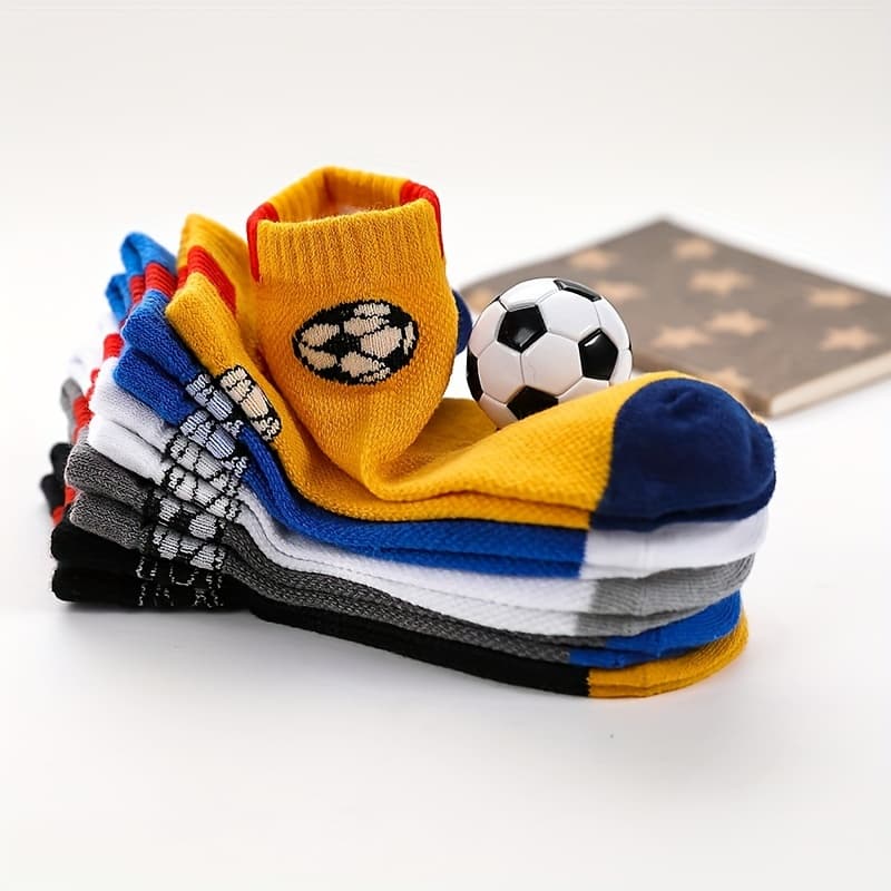 TEMU 5-pair Boys' Cartoon Soccer Pattern Socks, Comfortable, Breathable, And Soft Ankle Socks, Suitable For Children's Outdoor Wear