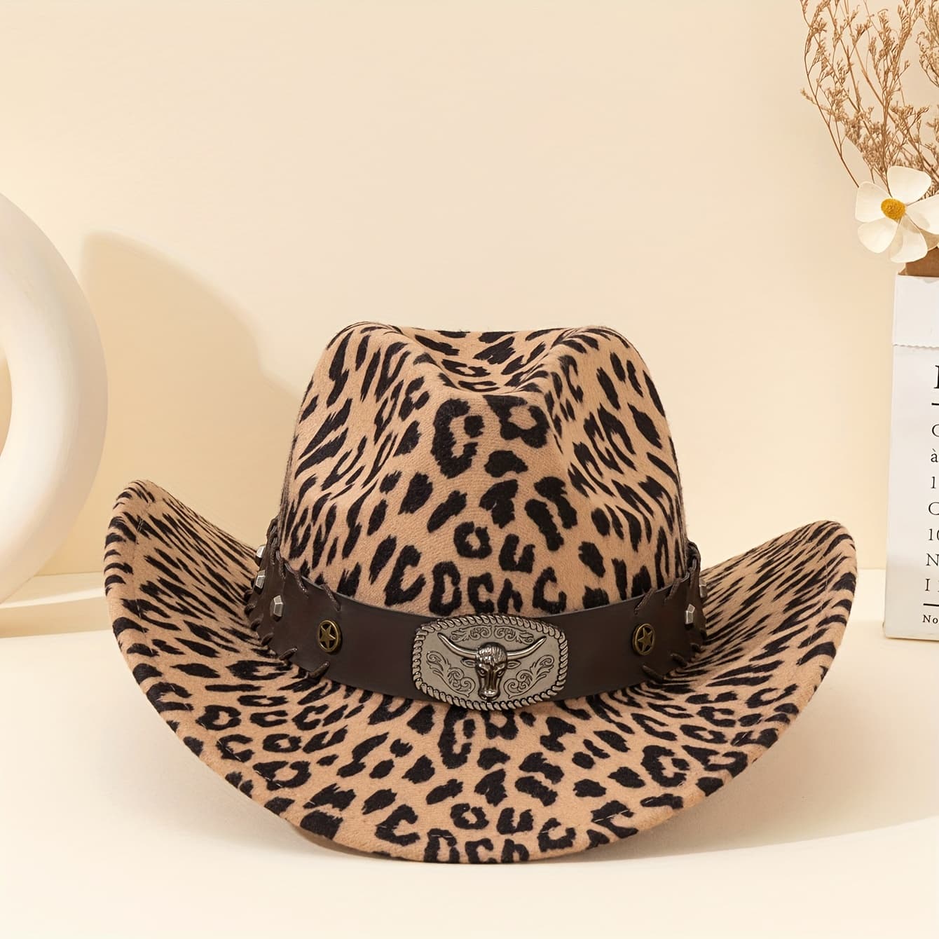 TEMU A Western Cowboy Hat Featuring A Leopard Print And A Removable Ornament, Ideal For And Everyday Use