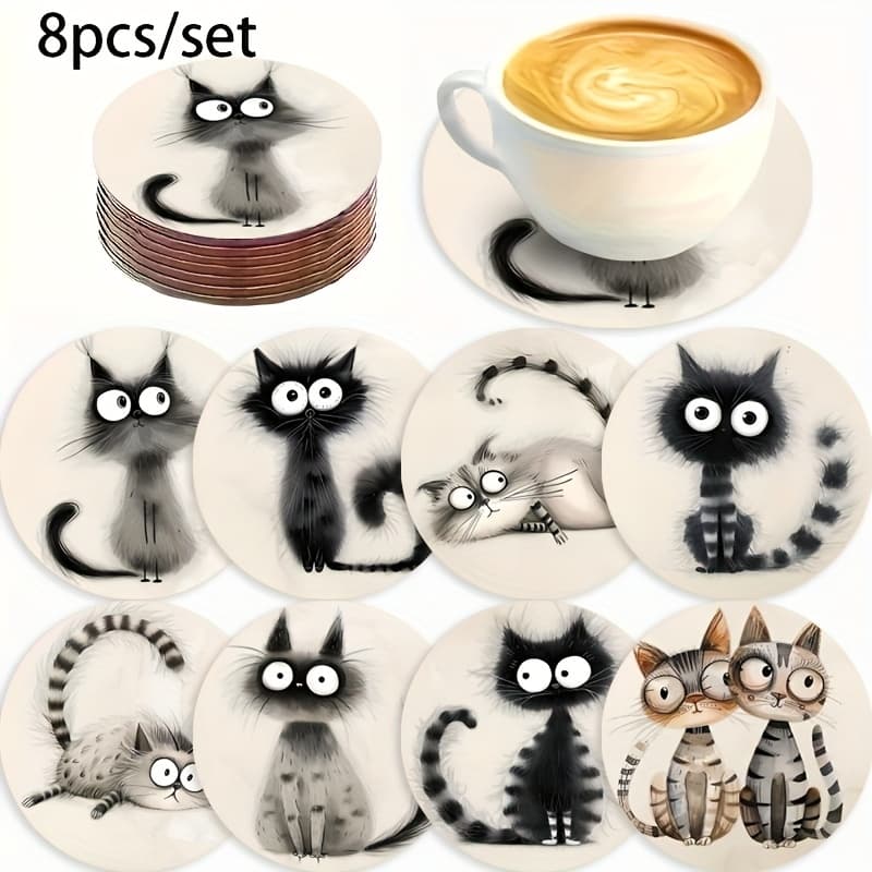 TEMU "8 Set Cat Coasters For | Perfect Gift For Cat Owners | Wooden Drink Mats | Non-slip Table Decor | Unique Feline Design Coaster Set"