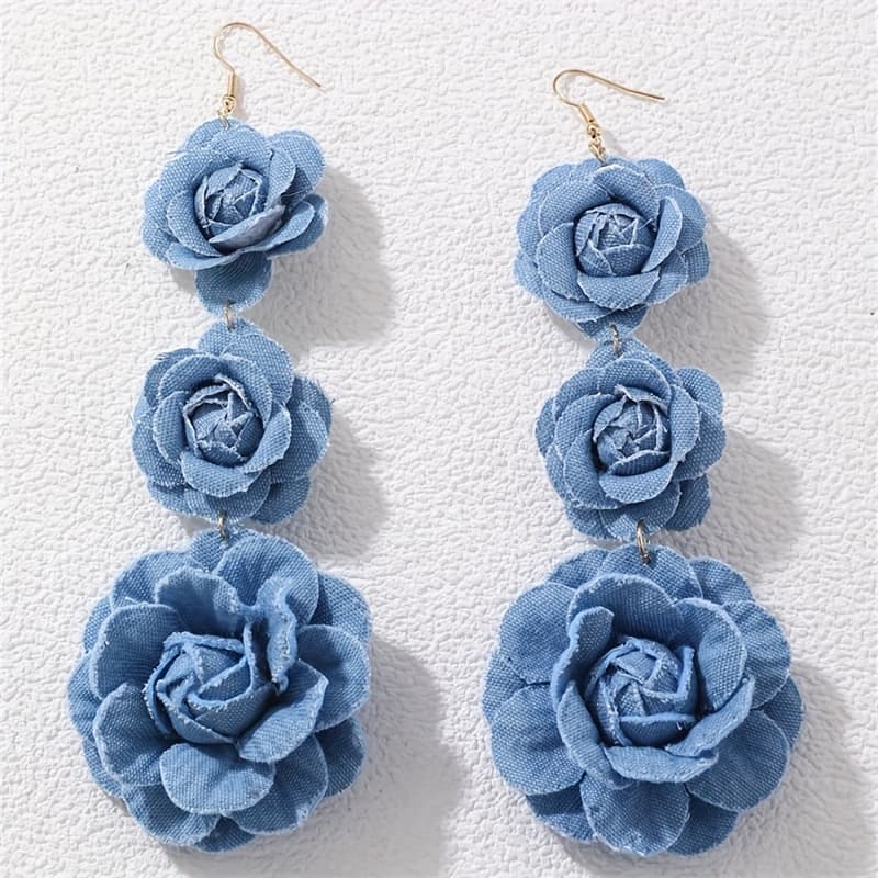 TEMU 1 Pair Vintage-inspired Denim Flower Earrings - Chic Blue Fabric Rose Tassel Dangle Earrings For Women, Vacations & Parties, Quirky Earrings