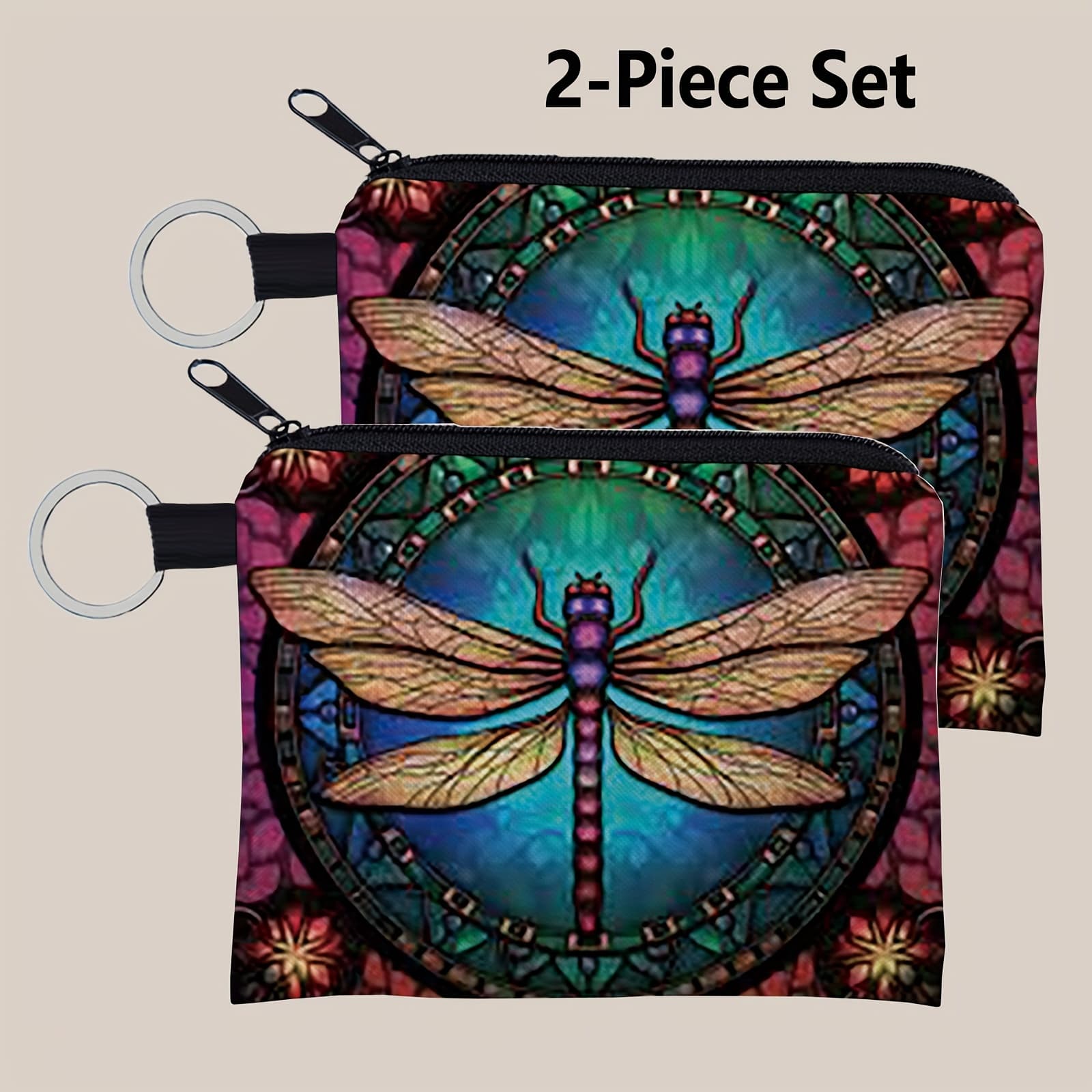 TEMU Set Of 2 Small Zippered Pouches Featuring A Vibrant Dragonfly Design – Convenient, Versatile Holder For And Cards – For Ladies