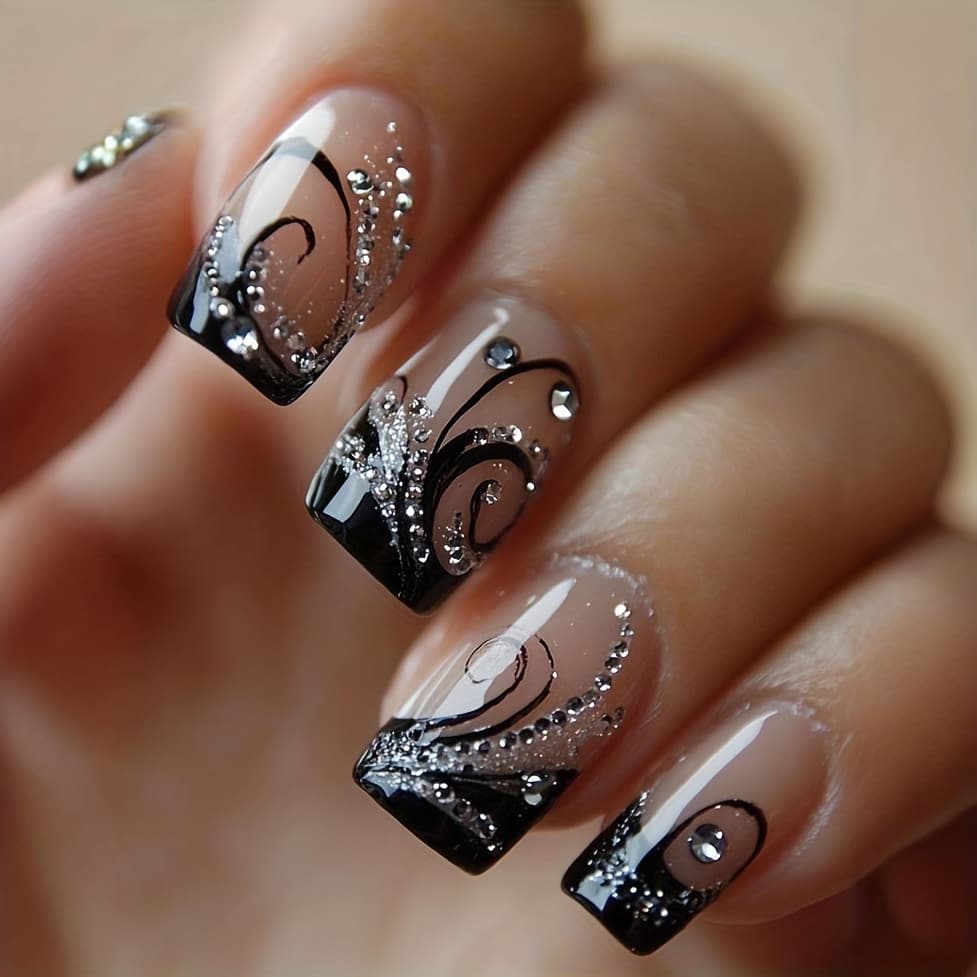 TEMU Style, 24pcs Of Chinese Ballet Fake Nails, Gentle Naked Powder Gradient Flash Broken Diamond Wearing Nail Design, Full Coverage Of Bright Artificial Nail Art, Hand-painted Design Fake Nails