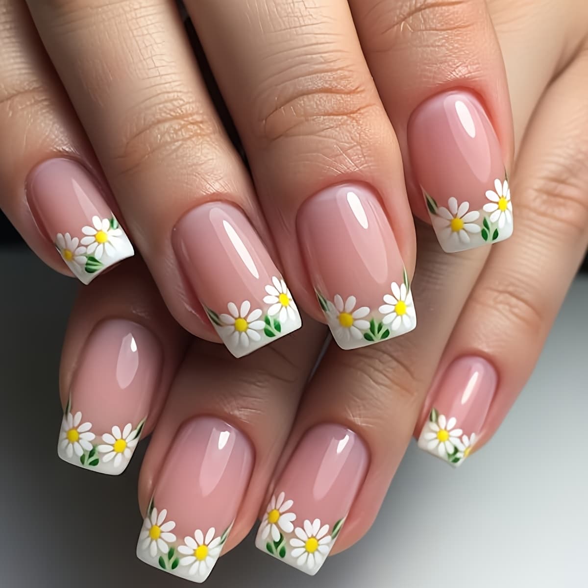 TEMU 24pcs Square Flower Print Press-on False Nails, Fresh, Romantic, And Versatile, Detachable Press-on Nails Suitable For Women' Wear, Prom, And Weddings
