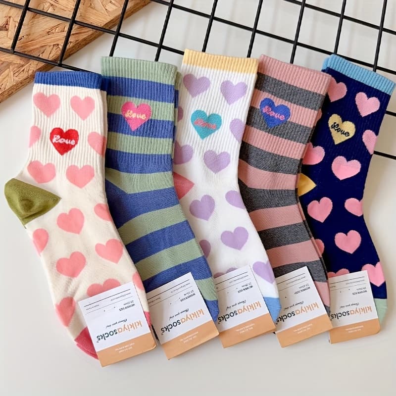TEMU 5-pair Dopamine Socks For Women, Mid-calf Socks With Cute , Trendy Instagram Style, Autumn/winter Sports Socks With And Non-slip Heel, Medium-length Socks