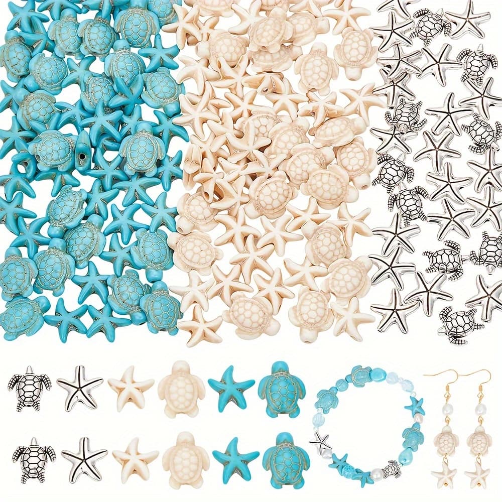 TEMU 148pcs Sea Turtle & Starfish Beads Set, Turquoise & Alloy, Marine Animal Themed Decorative Beads, For Jewelry Making, Diy Necklaces, Anklets, And Crafts