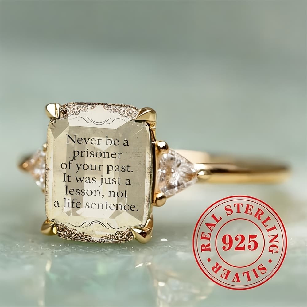 TEMU Silvery Rectangular Inspirational Quote Decorative Border Ring, Women's Triangular Side Stone Classic Engagement Ring, Exquisite Proposal Gift