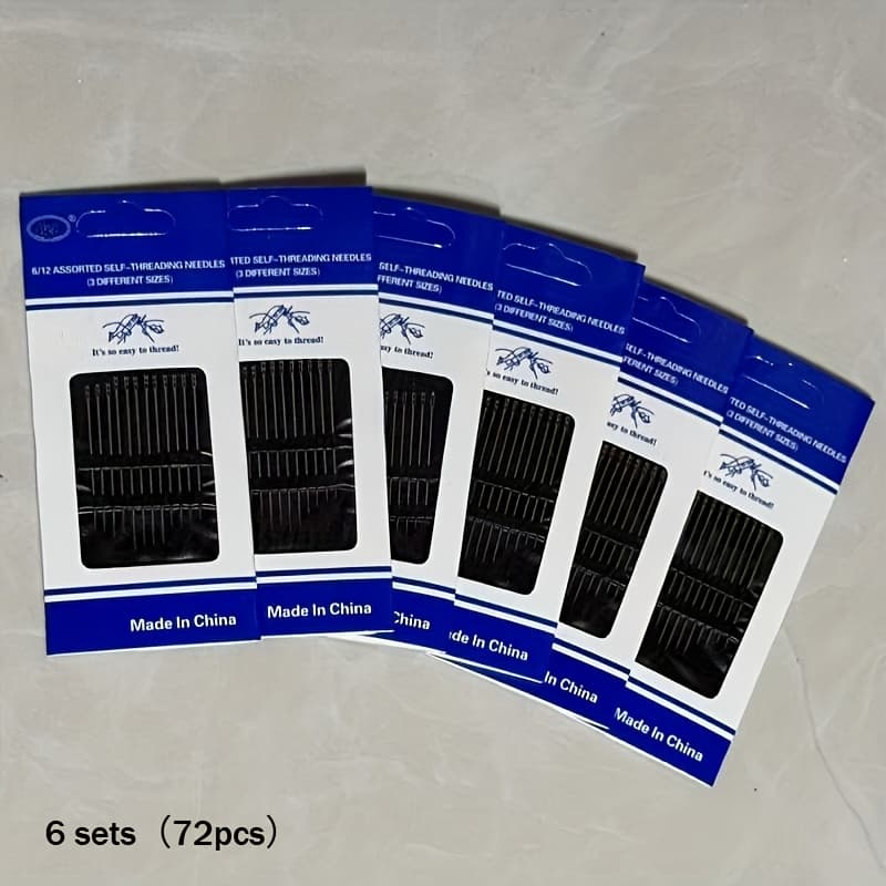 TEMU 6 Sets (72pcs) Self-threading Sewing Needles - Easy Insertion Hand Sewing Needles For Seniors, Ideal Gift For Elderly, Durable For Embroidery And Hand Sewing - Silver Gre