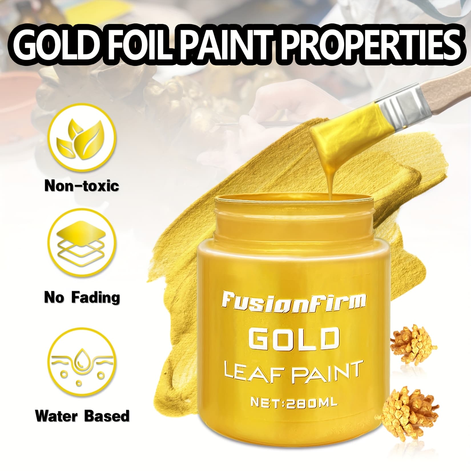 TEMU Acrylic Metallic , 280ml Liquid With 1 Brush And 3 Brushes Crafts, Non-toxic, Non-fading Water-based For Crafts, Canvas, Wood, Fabrics, Ceramics, Stone