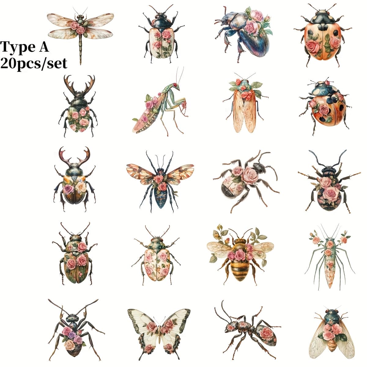 TEMU 20pcs/set Handmade Creative Retro Roses, Flowers And Insects, Beetles, Ants, Ladybugs Series Stickers Suitable For Garbage Diary, Notebook, Decoration, Manual Account Cutting Book Stickers