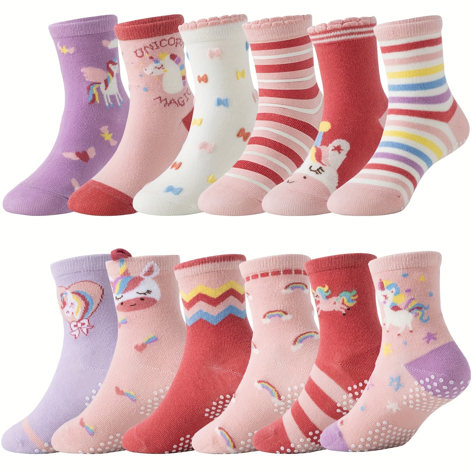 TEMU 12 Pairs Of Girls Grips Socks Non Slip/anti Skid Unicorn Striped Crew Socks