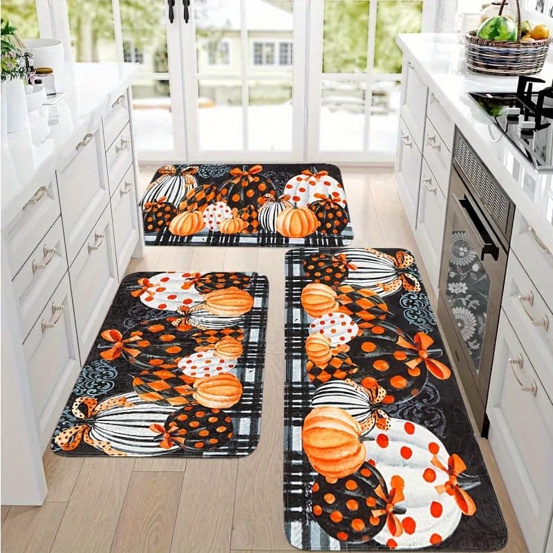 TEMU 1/2/3pcs Thanksgiving Farmhouse Kitchen Mat Set, Fall Pumpkin Gift Design, Flannel Non-slip Runner Rug For Kitchen Sink, Bedroom, Living Room, Entryway, Holiday Decor