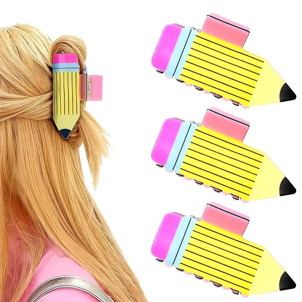 TEMU 3pcs Cute Pencil Hair Claws For Women - Fun Cartoon Design, Back To School & Graduation Season, Versatile Daily Wear Accessories