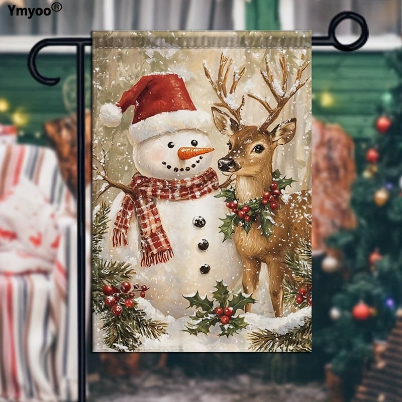 TEMU 1pc Of Double-sided Garden Decoration Flag Featuring A Winter Snowman And Reindeer With A Welcome Banner