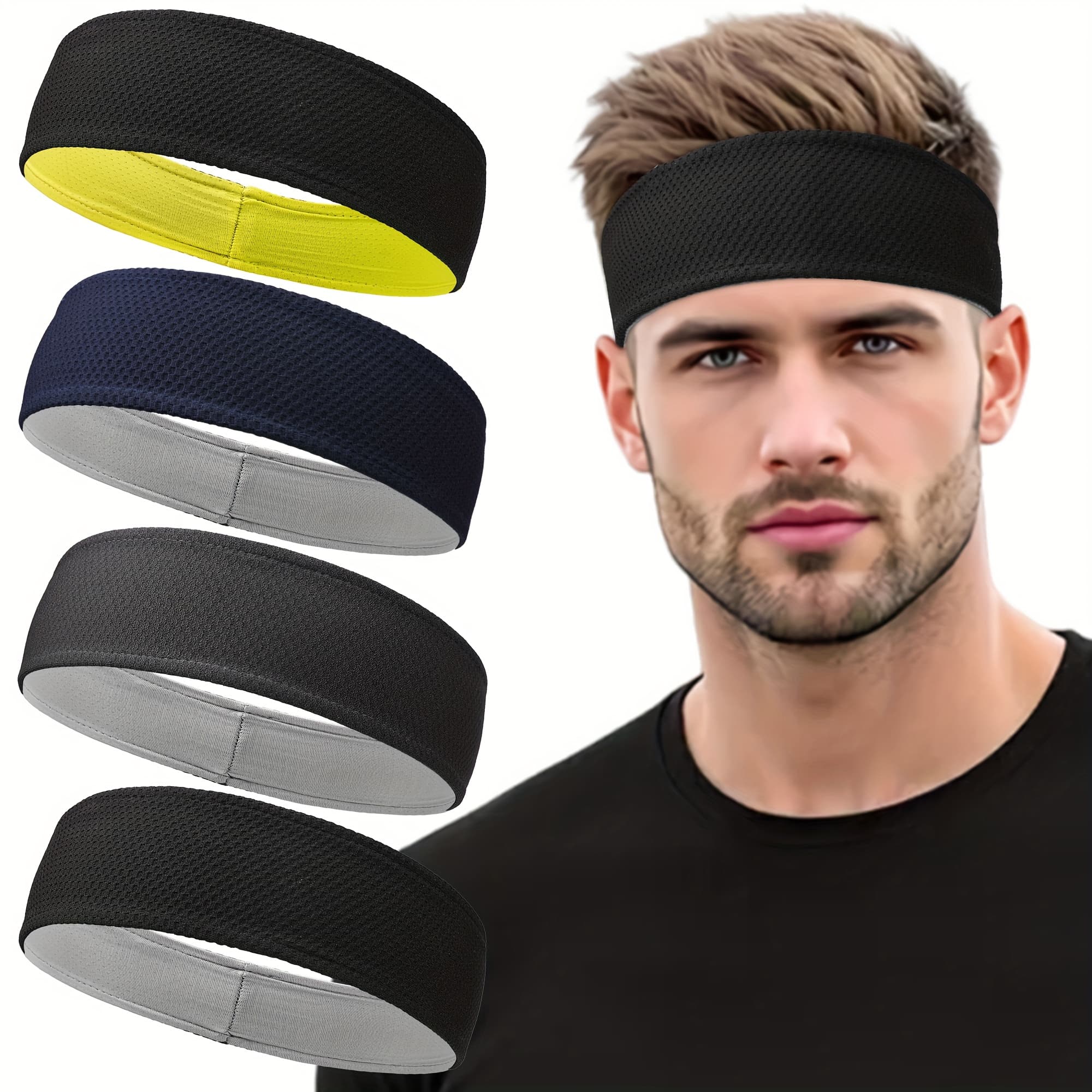 TEMU 4pcs Double Layer Moisture-wicking Sport Headbands, Breathable Cooling Fabric For Outdoor Cycling, Fitness Running, Basketball Sweat-proof And Water-absorbing Headband, Unisex Design