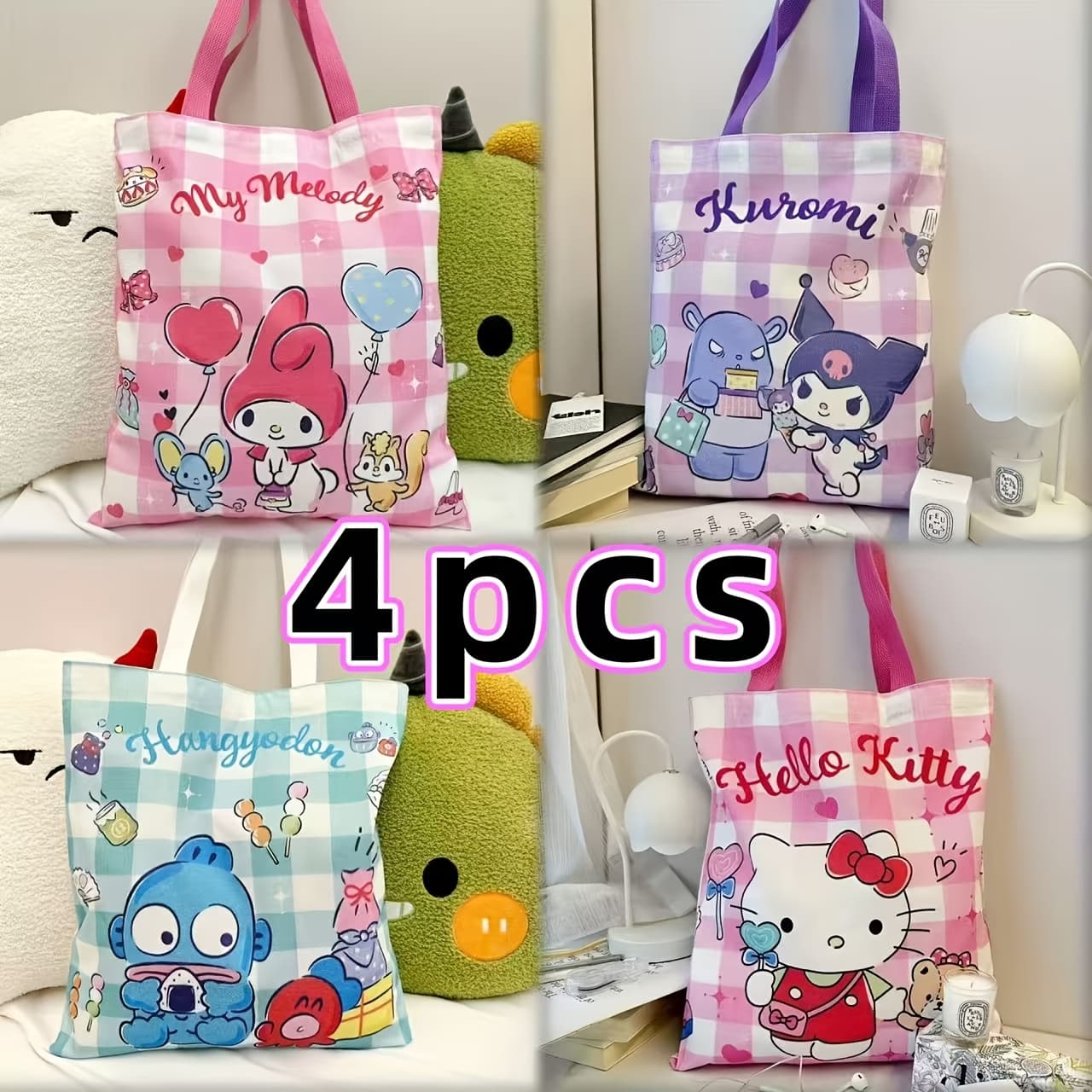 TEMU Of 4 Hello Kitty Kuromi Cute Canvas Bags, For Teenager, For Teenager