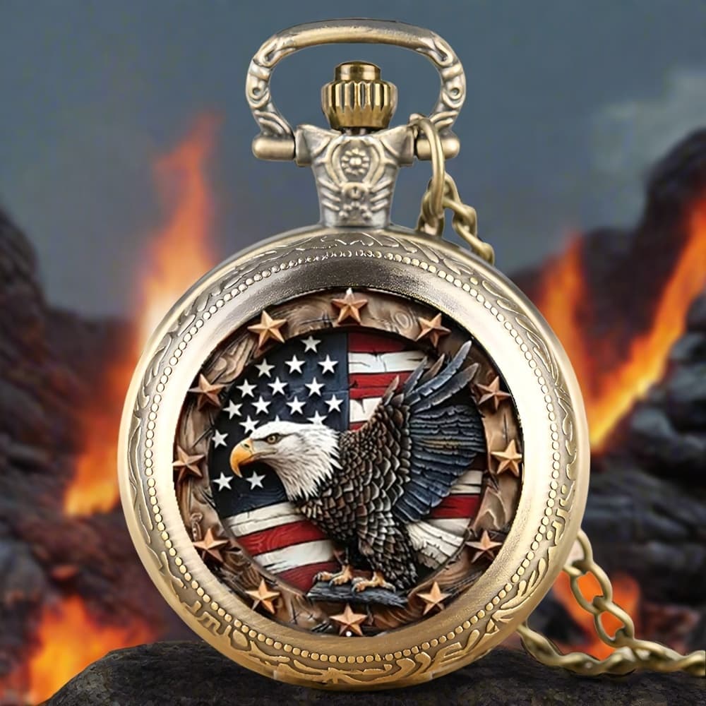 TEMU Classic Bronze Pocket Watch With Quartz Movement, Featuring An Alloy Case And That Includes An Eagle And Flag, Perfect For Men's Fashion