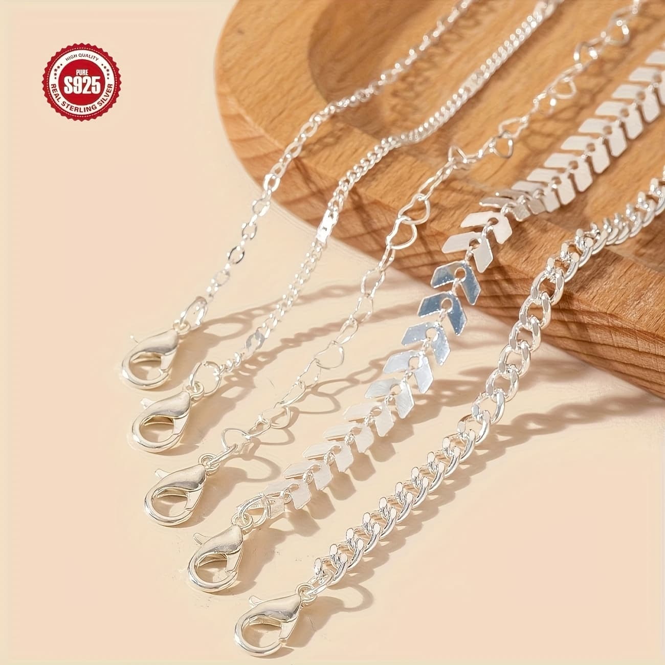 TEMU 5pcs S925 Silvery Beach Party Combination Chain Anklet, With Heart-shaped Elements, Creative Gifts For