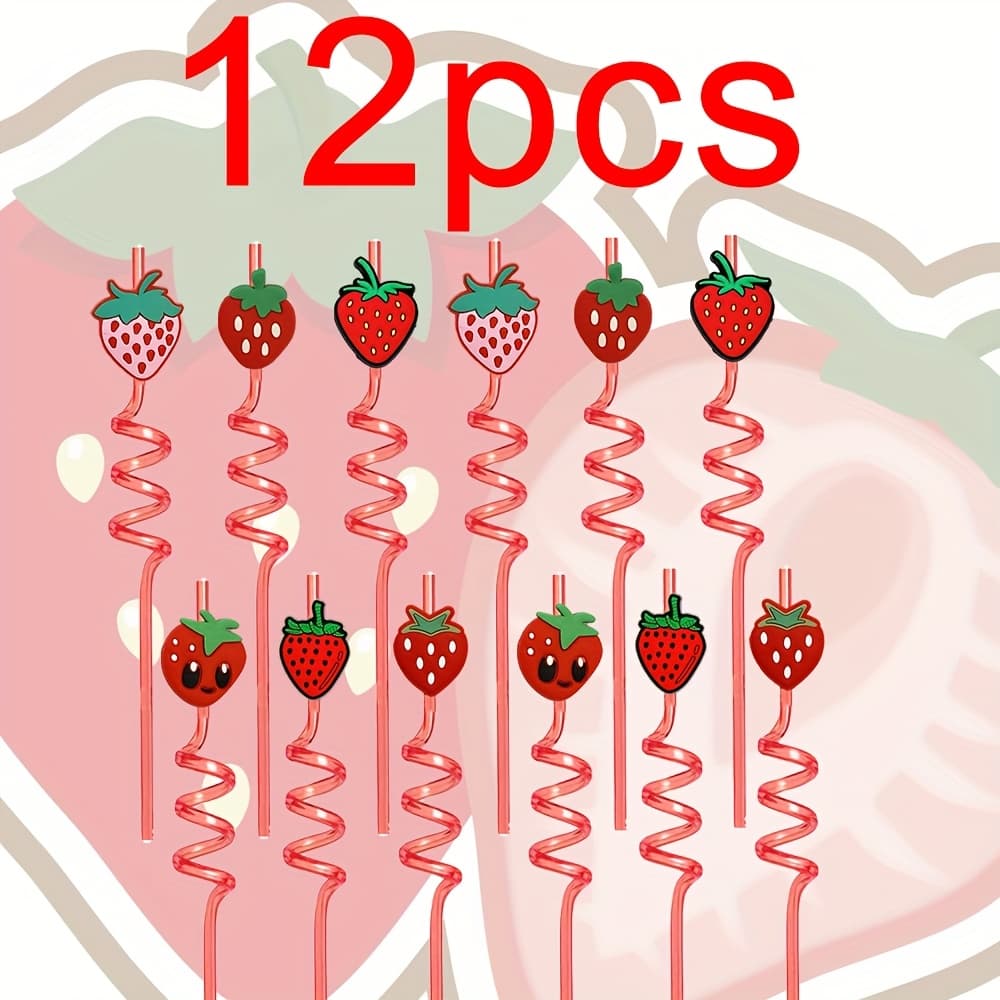 TEMU 12-pack Cartoon Strawberry Straws For Bar Parties, Petg Drink Straws With Cute Creative Curved Design, Reusable Spiral Bent Straws, Strawberry Party Favors