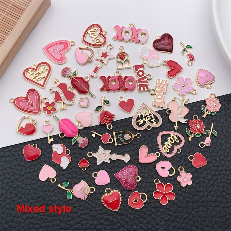 TEMU 98pcs Heart Charms Set, Alloy Love Pendants With , Flower & Star Designs, For Making, Necklace, Earrings, And Bracelet Crafts