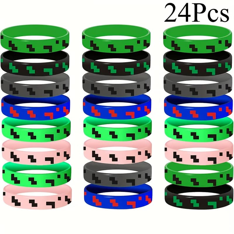 TEMU 24 Pixel-themed Silicone Wristbands Featuring Game-inspired Prints, Designed With Retro Video Game Aesthetics. Colorful Elastic Bands Are Perfect For Birthday Party Gifts, Classroom Rewards