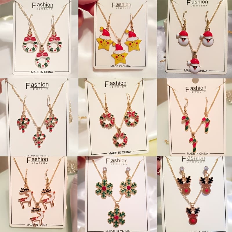 TEMU 9 Sets Christmas Earrings Plus Necklace Cute Jewelry, Multi Styles Deer/santa/christmas Crutches&wreath/ Elk/ Snowflake/ Five-pointed Star. Perfect Christmas Gift For .