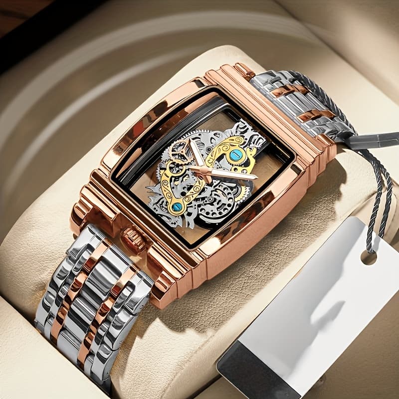 TEMU Fashionable Wine Motorcycle Gear Bar Hollow Watch Leather Watch Men's Night Light Watch Suitable For Holiday Gifts