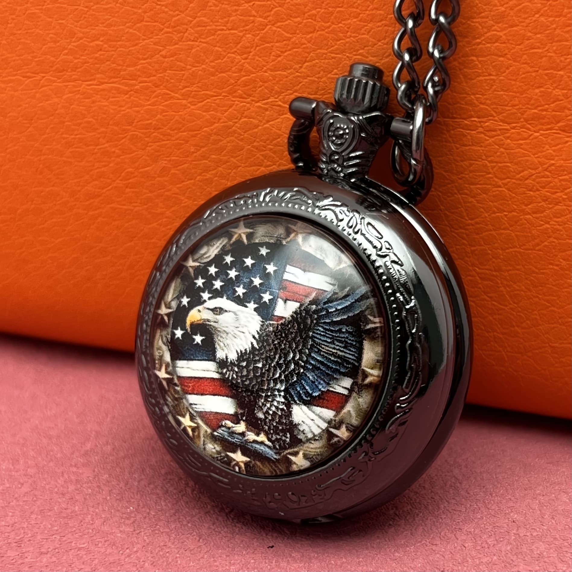 TEMU Patriotic Eagle Pocket Watch Necklace - Black Stainless Steel Quartz Movement, American With Eagle Head , Non-waterproof, Unisex Accessory For Men And Women