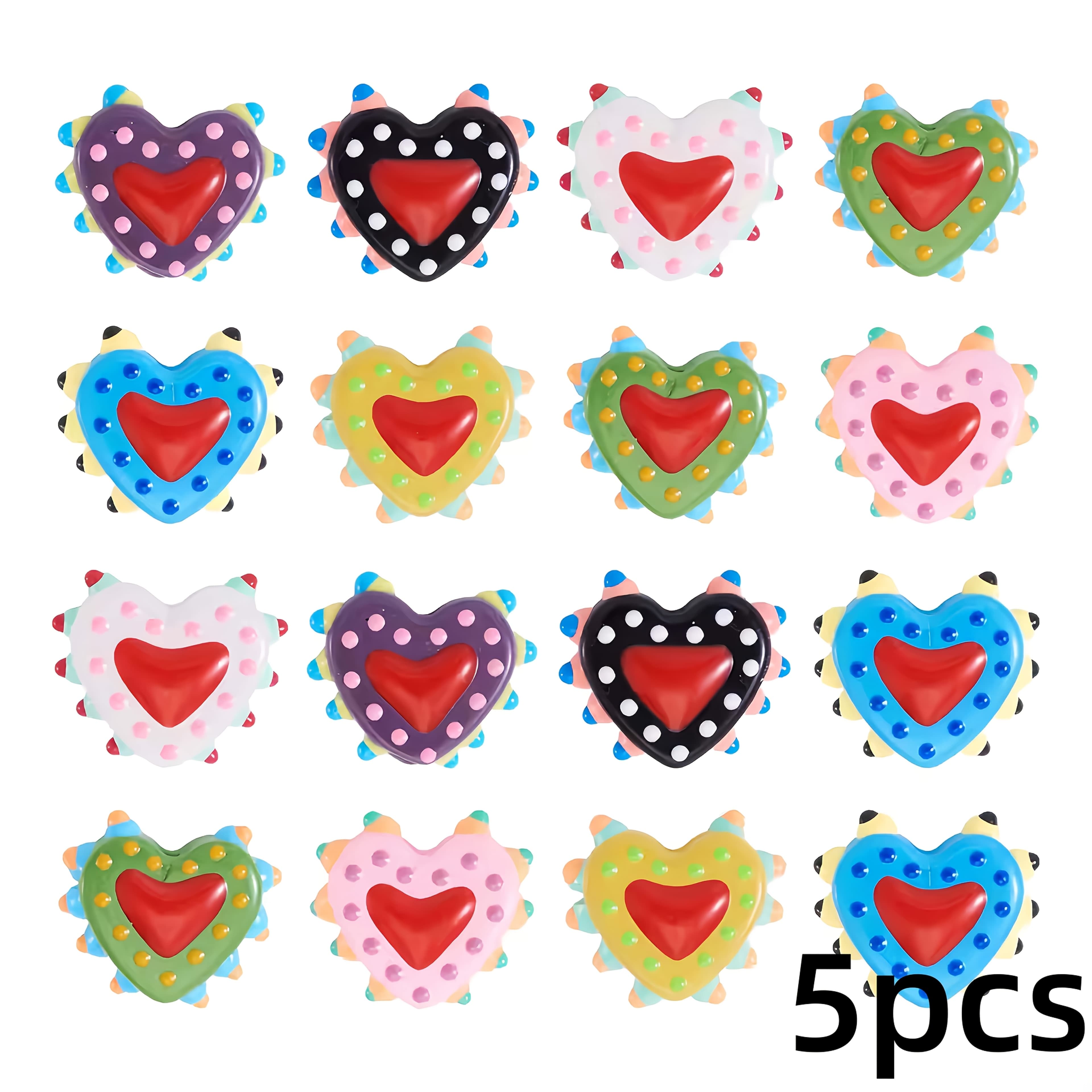 TEMU 5pcs 16×19mm Fun Cartoon Heart Glass Decorative Beads - Polka Dot / Red Heart / Striped Mixed Color Through Hole Spacer Beads Suitable For Bracelets / Necklaces / Keychains Handmade Materials