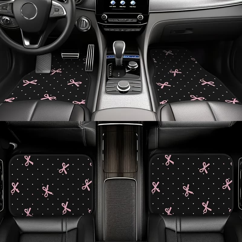 TEMU 4pcs Pink Bow Car Mat Set - Durable Polyester Material, Easy To Clean, Front And Rear Seat Protection, Use, Suitable For Trucks, Cars, Suvs, Perfect Gift