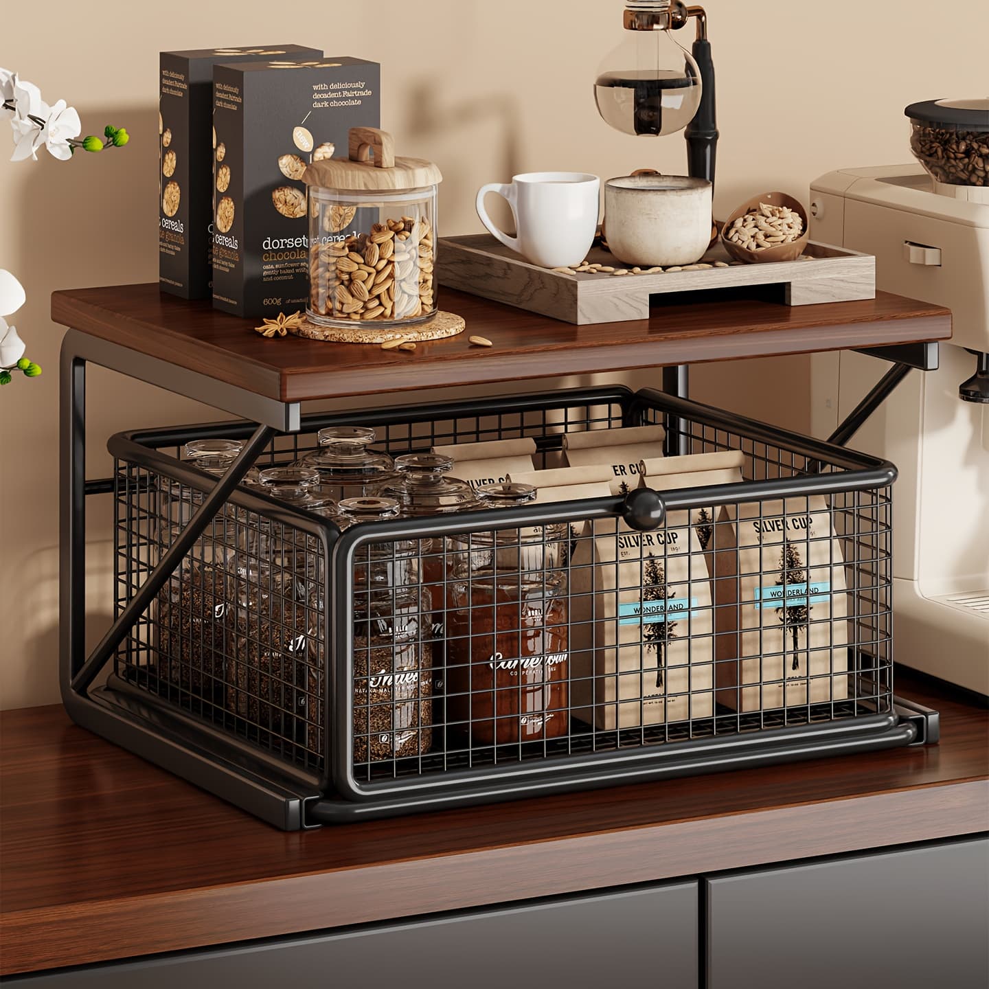 TEMU Two-tier Kitchen Coffee Machine Shelf A Countertop Organizer Featuring A Pull-out Metal Storage Basket. Ideal For Storing Cups, And Condiments. A Versatile Storage Rack ( In ) To Help The Corner