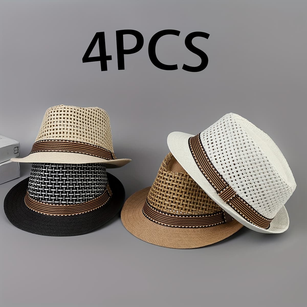 TEMU 4pcs Spring/ Summer Unisex Breathable Mesh Lightweight Straw Panama Hat With Drawstring For Beach, Casual , And Travel