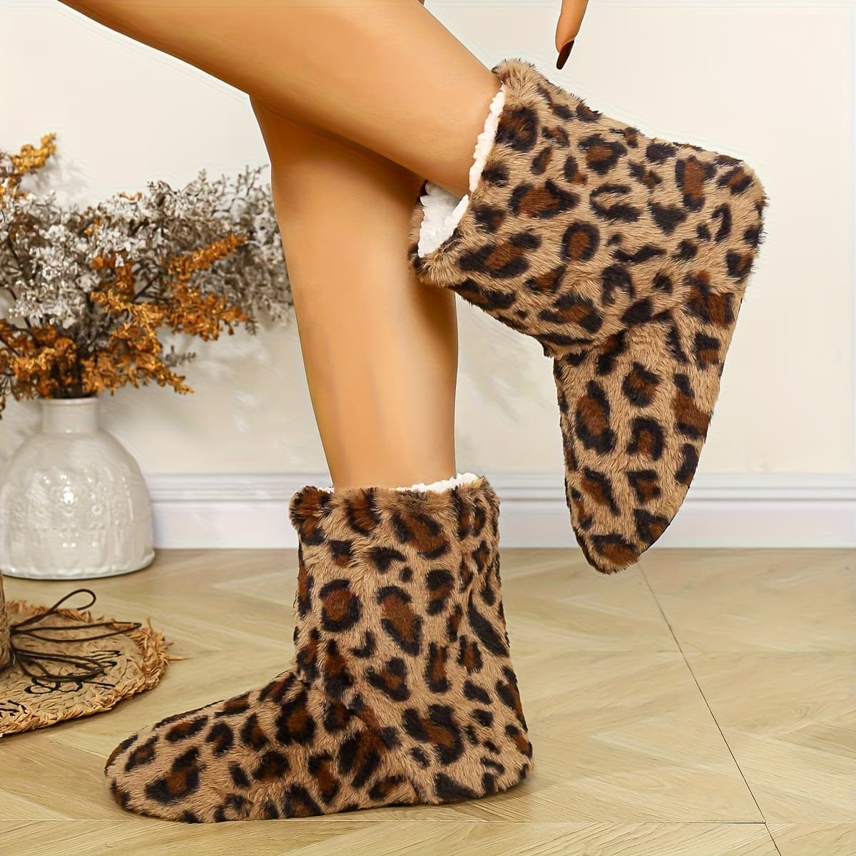 TEMU Ladies Plush Leopard Print Boots | Soft Plush Lining And Sole, Comfortable Winter Indoor Shoes, Ideal Gift, Hand Wash Or Professional ,