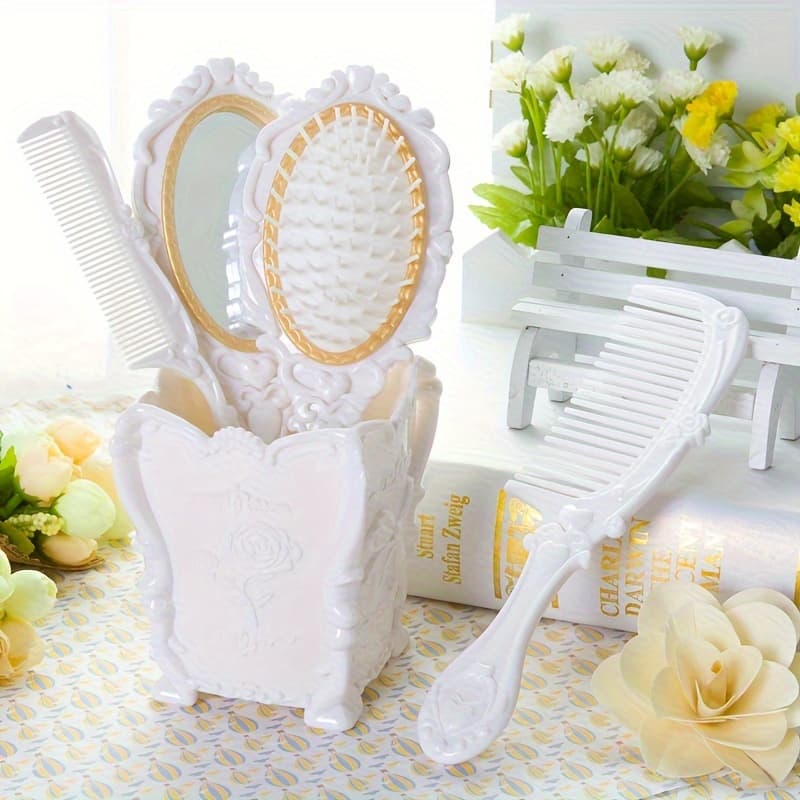 TEMU Elegant 4pcs Vintage Hairdressing Set With Mirror - Includes Scalp Massage Comb, Rat Tail Comb, Teasing Brush & Storage Hair Types - Perfect Gift For Women