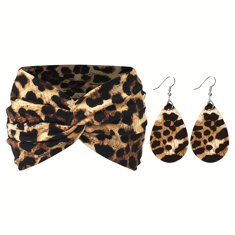 TEMU 2pcs/set 1 Hairband + 1 Pair Of Earrings, Wide Printed Leopard Colorful Fashion Women's Hair Tie And Earrings Set For Daily Use