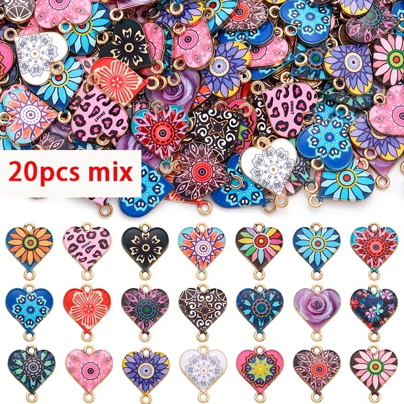TEMU 20 Mixed Heart-shaped Alloy Enamel Pendant Connectors, Heart-shaped, Suitable For Bracelets, Necklaces, Bags, Jewelry Making, Bracelet Additions