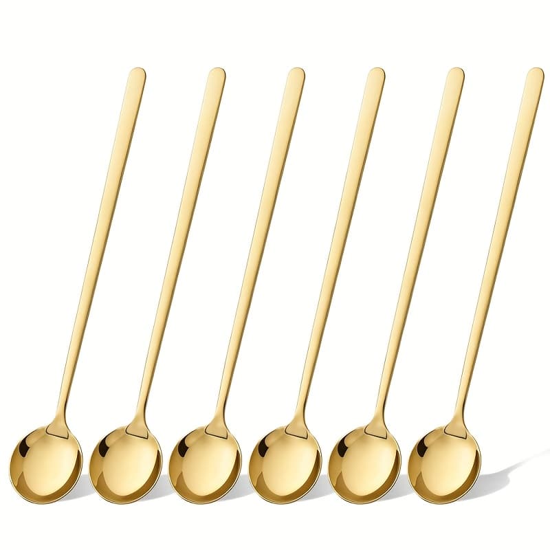 TEMU 6 Golden Long-handled Coffee Stirring Spoons, Stainless Steel Round Dessert Spoons, Suitable For Home And Restaurant Use, Dishwasher Safe