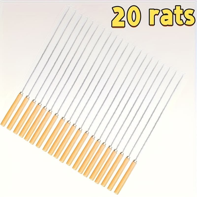 TEMU 20pcs Stainless Steel Bbq Skewers With Wooden Handles - Non-slip, Heat Resistant, Reusable For Outdoor Grilling, Perfect For Kebabs And Meats