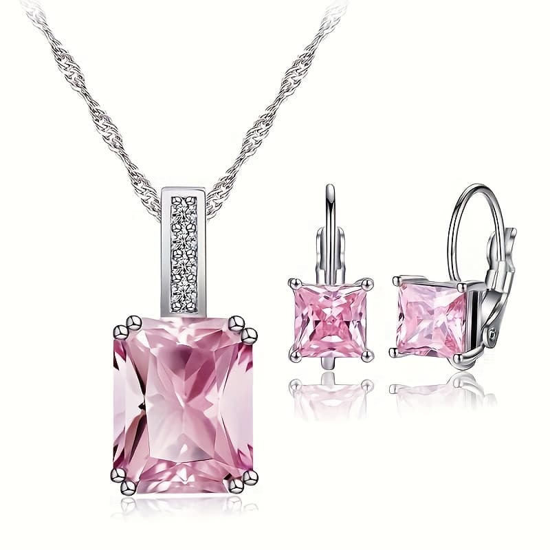 TEMU A Luxurious Set Of Jewelry Featuring Pink Square Synthetic Zirconia Earrings And A Necklace, Perfect For A Valentine's Day Gift
